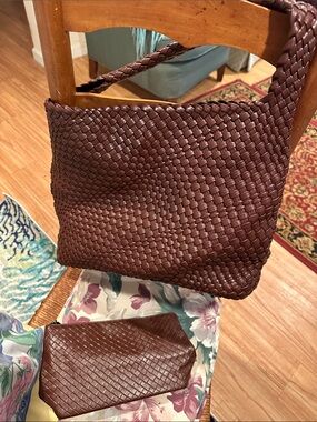 Woven Vegan Leather Shoulder Bag in Brown with Matching Pouch